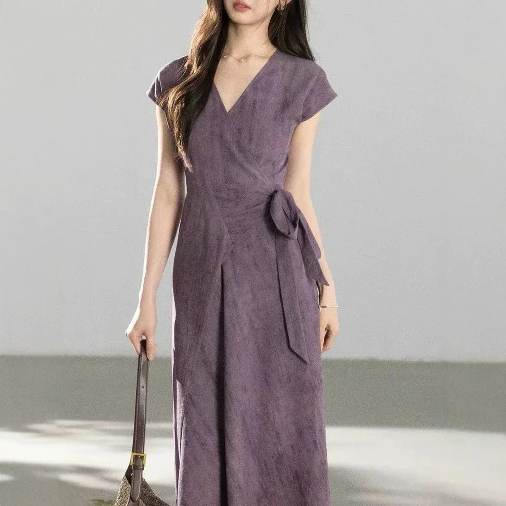 Purple Gradient V-neck Short-sleeved Uneven Hem Dress High Waist Crossed Belt Design Polyester Casual Long Dress