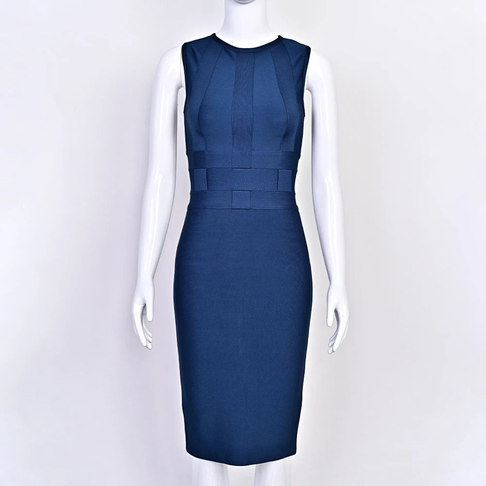 Beaukey Vintage Woven Evening Bandage Dress Navy Blue For Women Luxury Celebrity Style