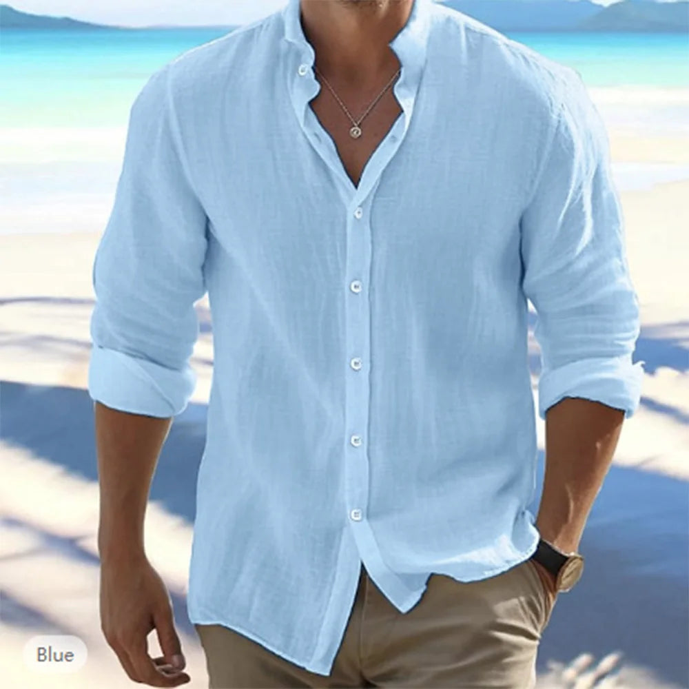 Breathable Cotton Linen Mens Long Sleeve Shirt Solid Color With Stand Up Collar For Summer Beach Style Plus Size