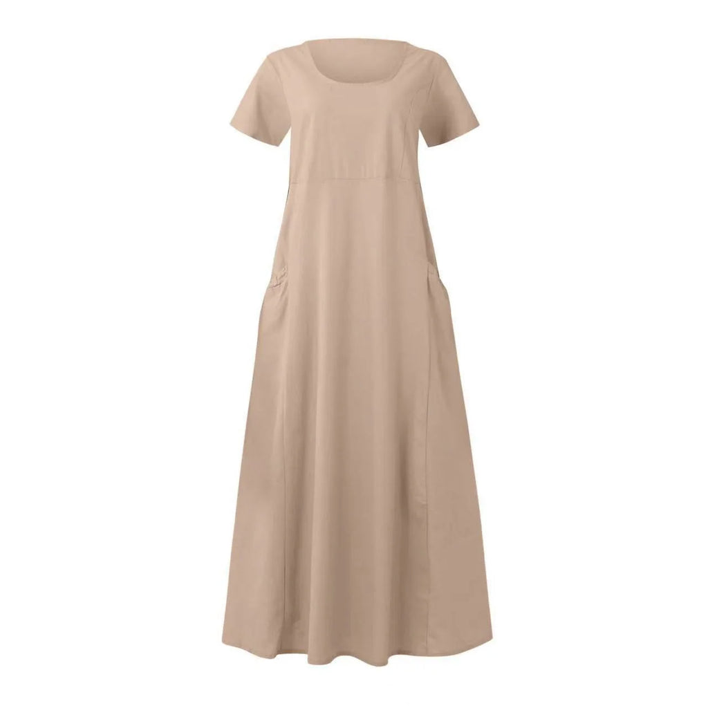 Women Solid Cotton Linen Round Neck Short Sleeve Loose Flowy Maxi Dress EU US Gown