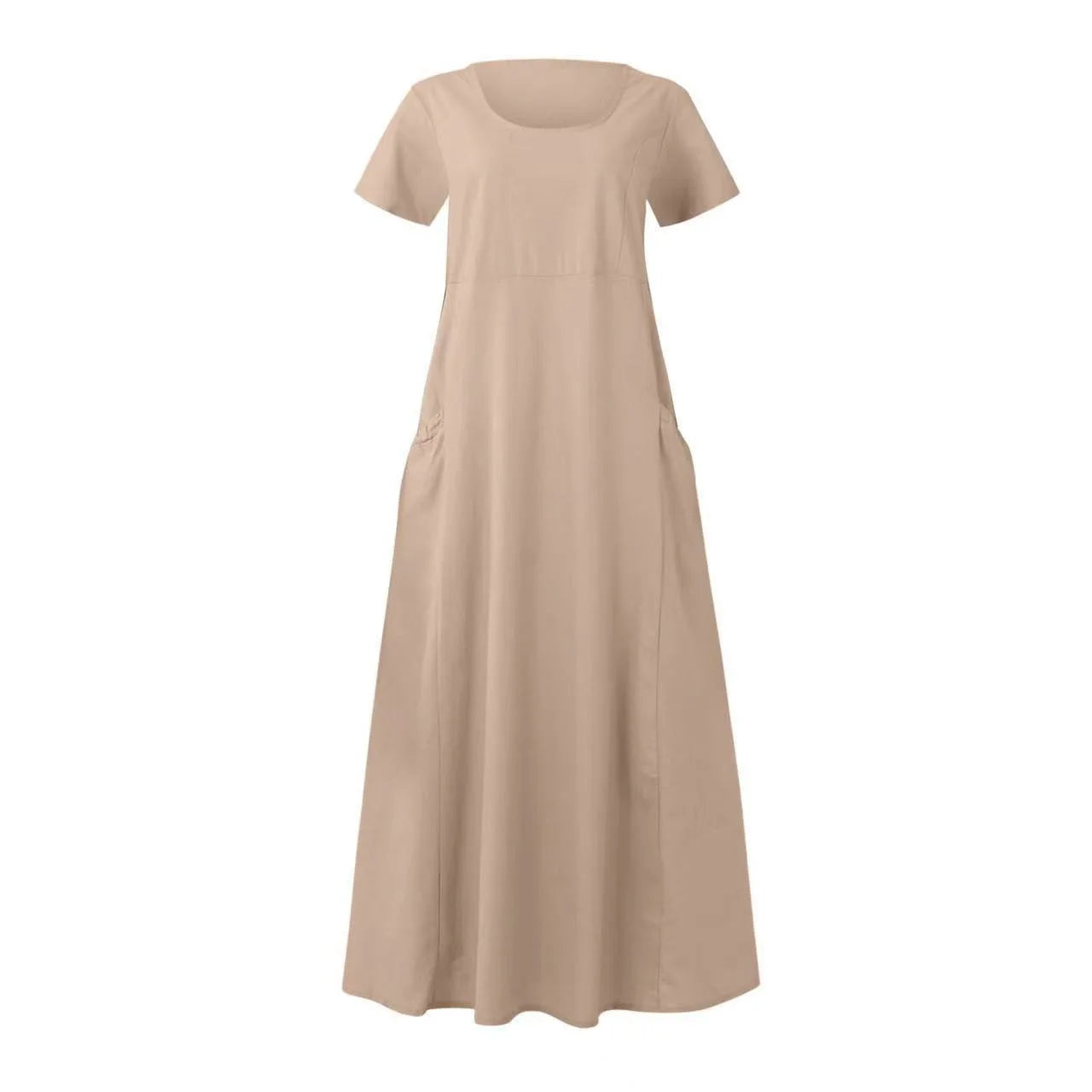 Women Solid Cotton Linen Round Neck Short Sleeve Loose Flowy Maxi Dress EU US Gown