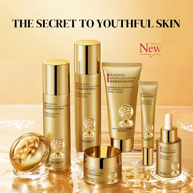 Placenta Skin Care Seven-Piece Set, Rich in Placenta Essence, Moisturizing Skin Care Products, Hydrating, Nourishing, and Refreshing, the Set Includes Facial Serum, Eye Cream, Face Cream, Facial Cleanser, Essence Cream, Suita