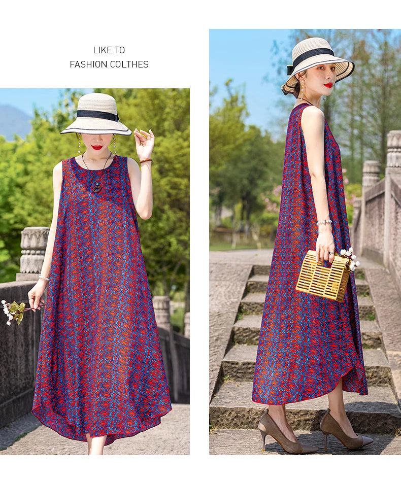 New Women Summer Dresses Vintage Dress FashionRobe Plus Size Sleeveless Femme Casual Print Dresses