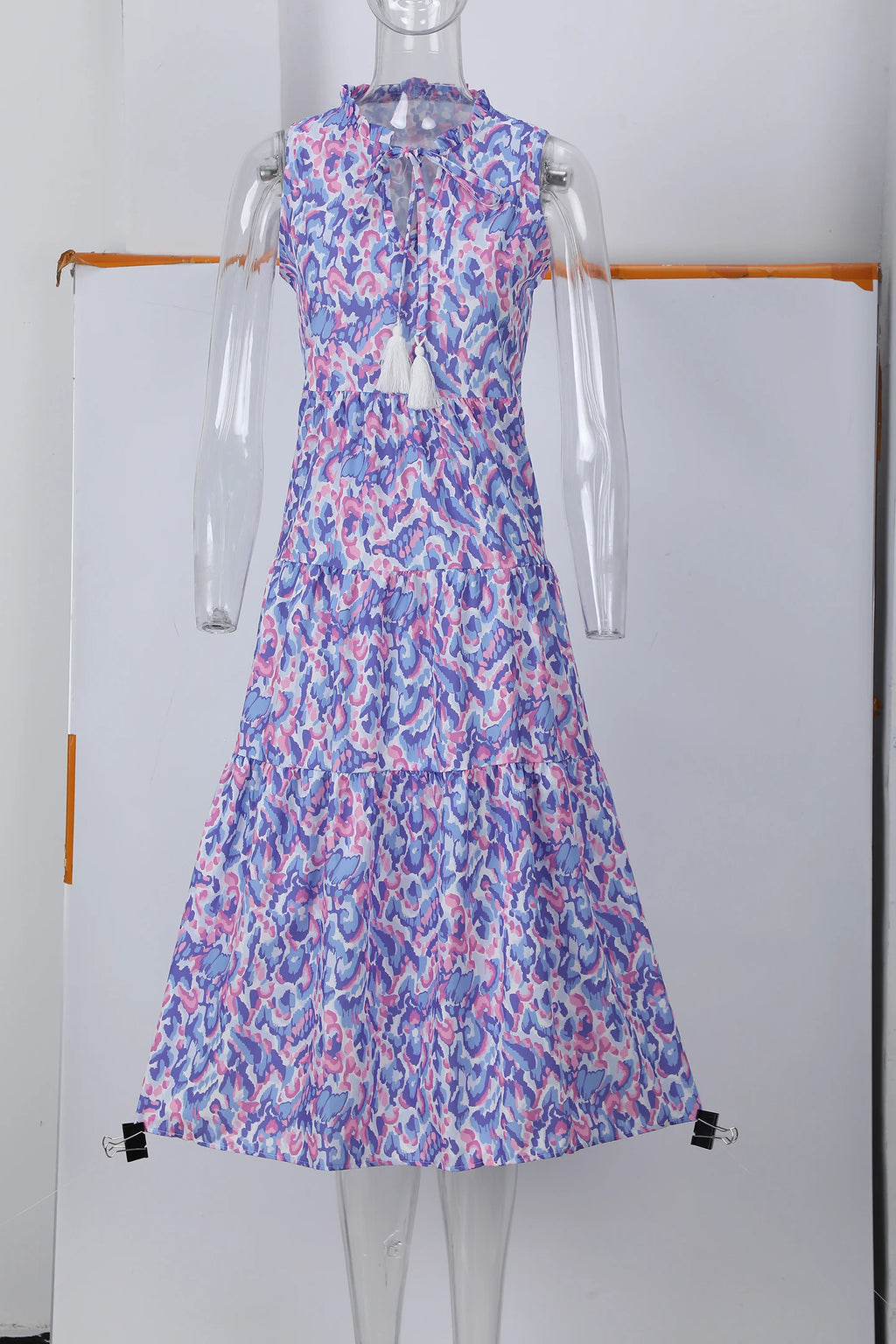 New European and American Summer Cross-border Seaside Vacation Mid to Long Sleeveless V-neck Tassel Abstract Print Dress