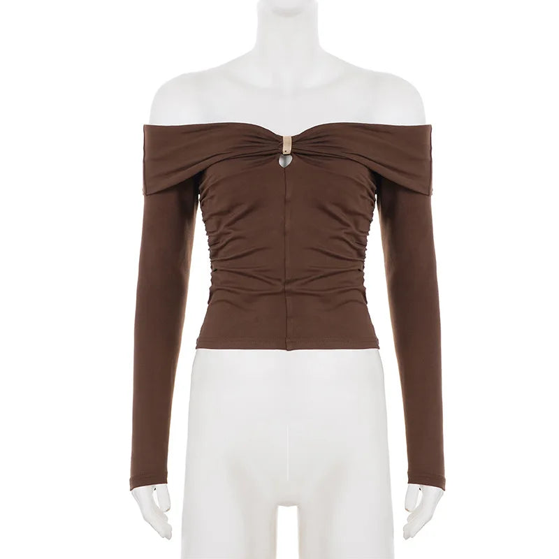 Sexy Off-the-shoulder Pleated V-neck T-shirt Women's Slim-fit Solid-color Top with Metal Buttons