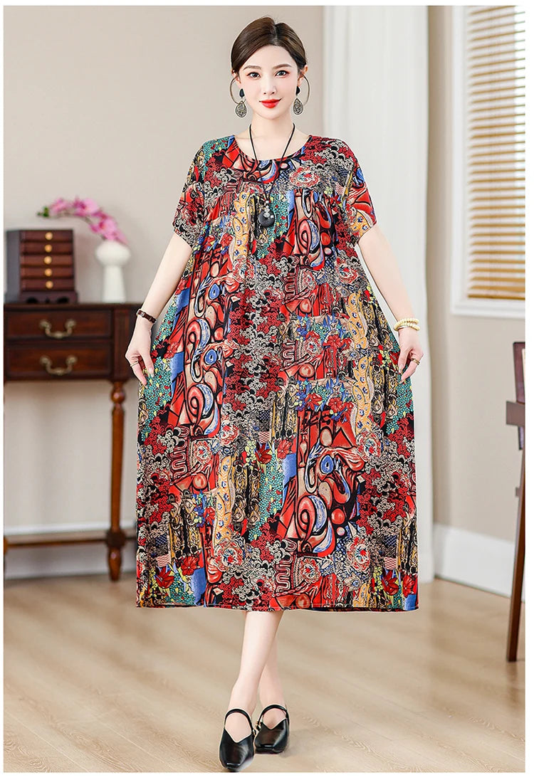 New Fashion Casual Summer Dress For Women Ladies O-Neck Print Short Sleeve Dress plus size Women Clothing