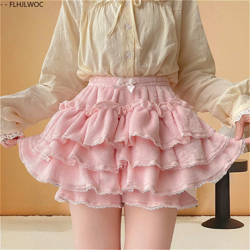 Autumn Velvet Bloomers Lolita Style Girls Cute Japan Sexy Lace Date Princess Pink Layer Puff Shorts Ruffles Lantern Small Pants