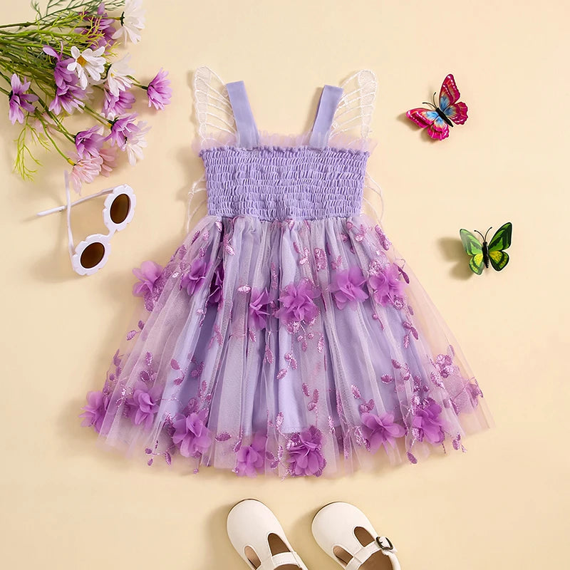 Toddler Baby Girls Birthday Party Sleeveless Dress Summer 3D Flowers Cute Tulle Princess A-Line Dress with Butterfly Wing