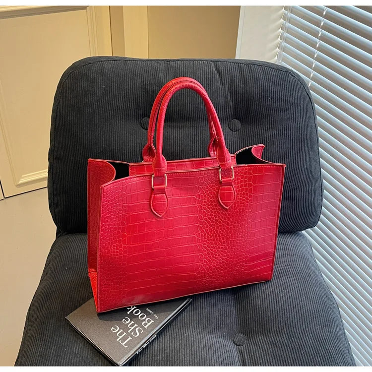 Spring 2025 Large Capacity Fashionable Handbag Casual Commuting Trendy Crocodile Pattern Tote Bag Street Style PU Material