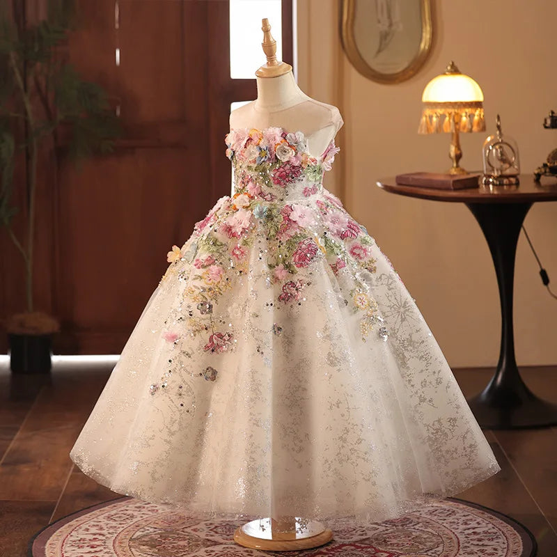 HETISO 1-14Y Flower Girl Dress Lace Sleeveless Princess Toddler Kids Children's Wedding Evening 1st Birthday Pageant Party Gown