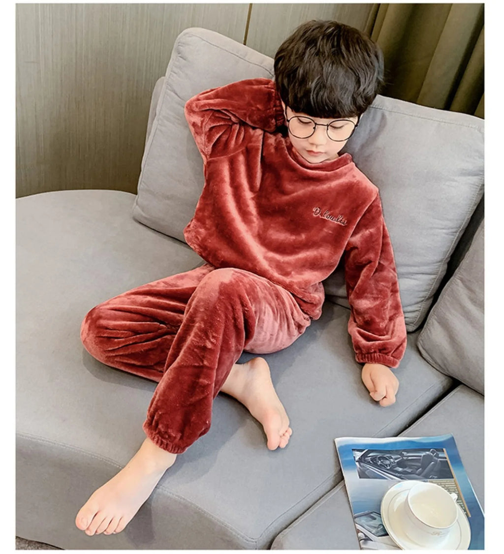 2pcs Boy Girl Kids Fall Winter Sleepwear Toddler Children Baby Coral Fleece Warm Sweatshirt Pant Set Flannel Pajama Pullover Top