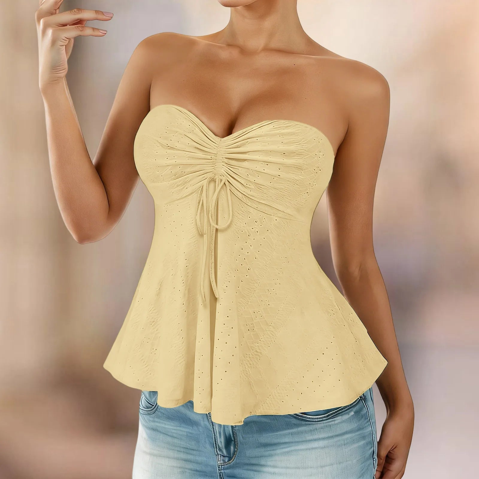 Chic Off Shoulder Bandeau Ruffled Vest Tops Women Summer Sleeveless Backless Strapless Tank Tops Street Casual Eyelet Cami Top