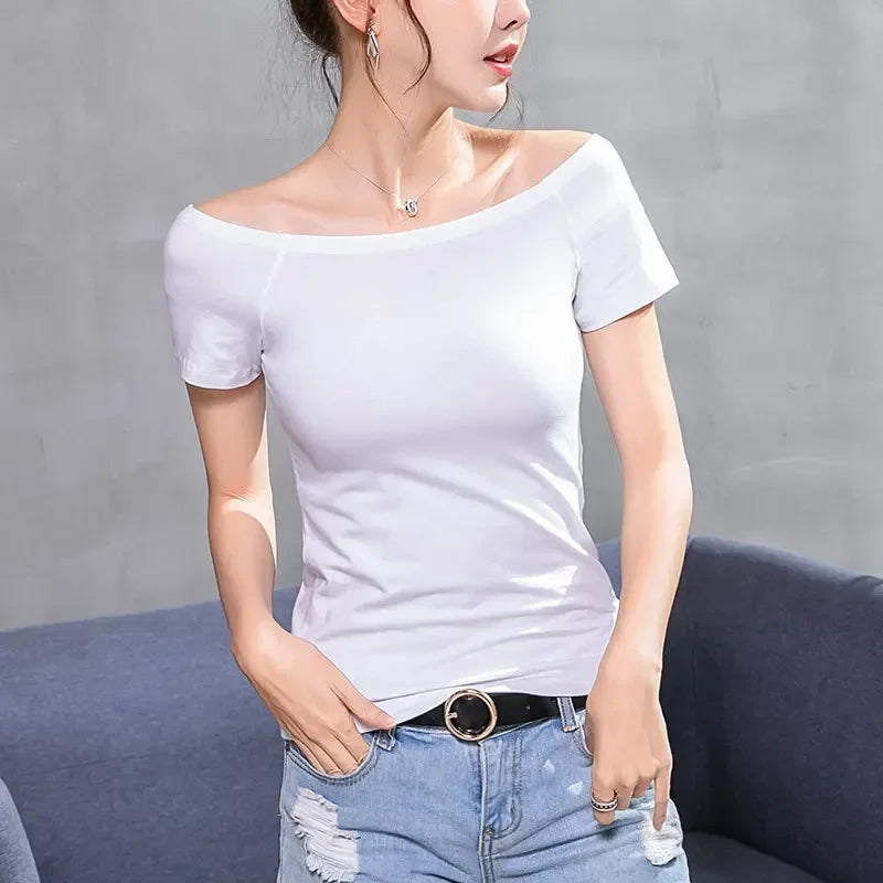 MRMT 2026 Brand New Women's T Shirt Cotton Slim Fit Short Sleeve T-Shirt For Female Off Shoulder Tops One Line Neck Tshirt