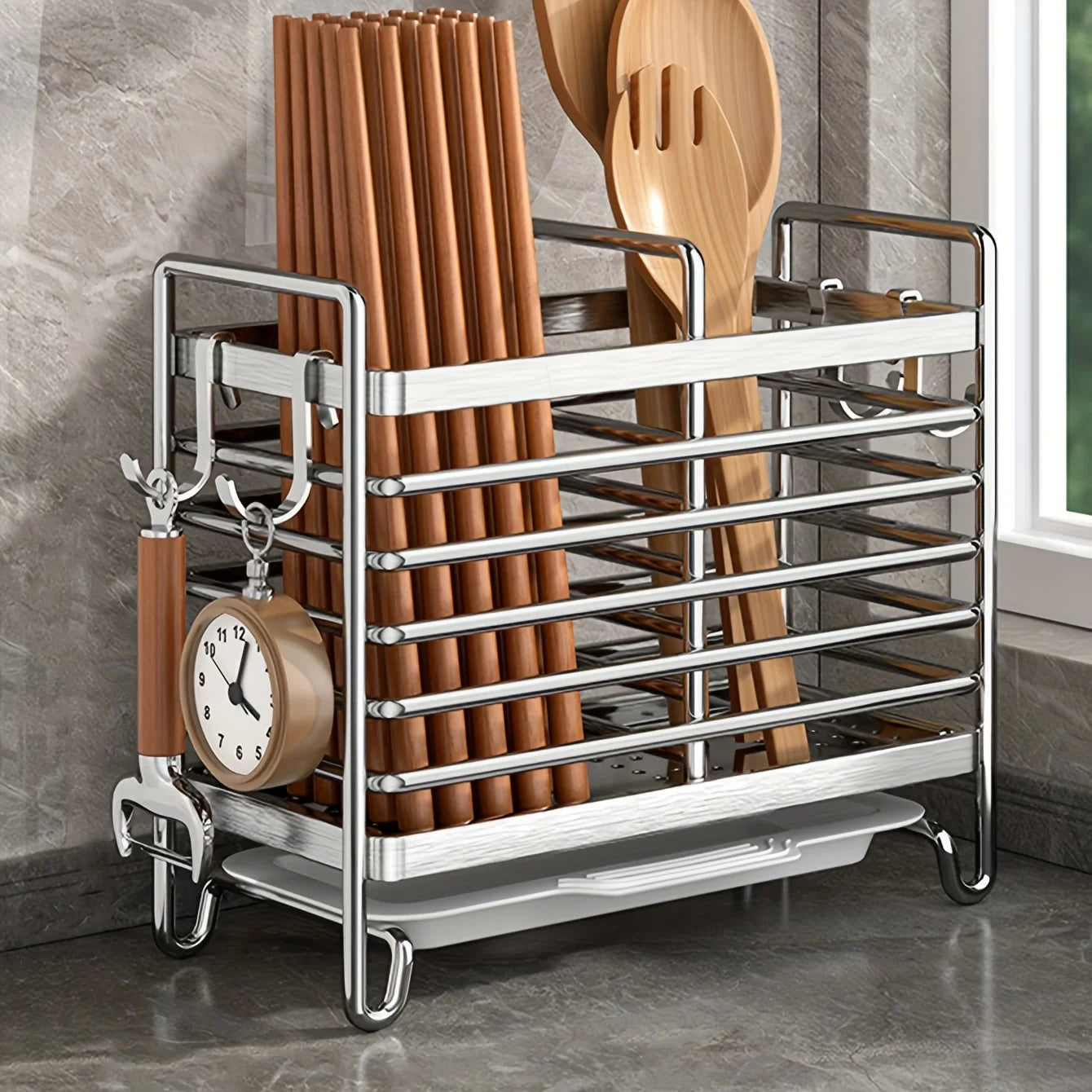 Porta Utensilios de Cocina Montado en Pared sin Taladrar. Organizador de Acero In Inoxidable que Ahorra Espacio para Cubiertos, Ideal para Espacios Pequeños.
