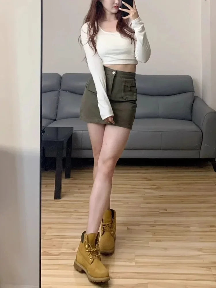 American Retro Workwear Mini Skirt A-Line Design plus Size High Waist Slimming Denim Half-length Skirts for Women