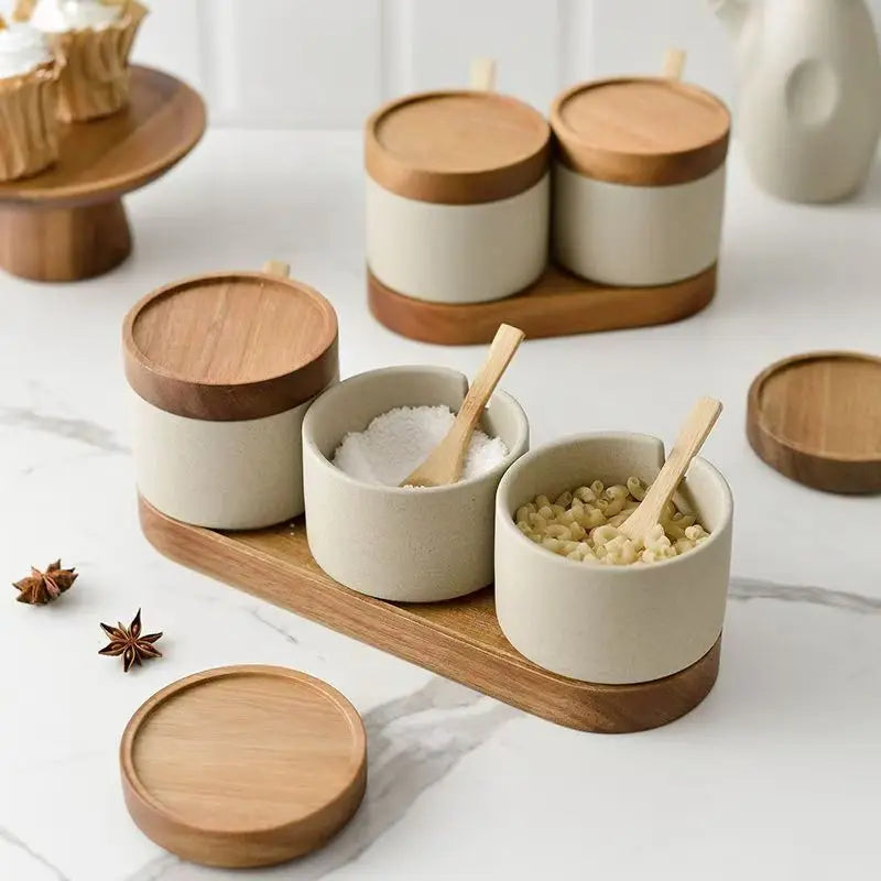 Vintage Ceramic Seasoning Jar Japanese Style Home Kitchen Salt Chili Sugar Jar Oil Pot Wooden Lid Spice Kitchen Utensils Modern
