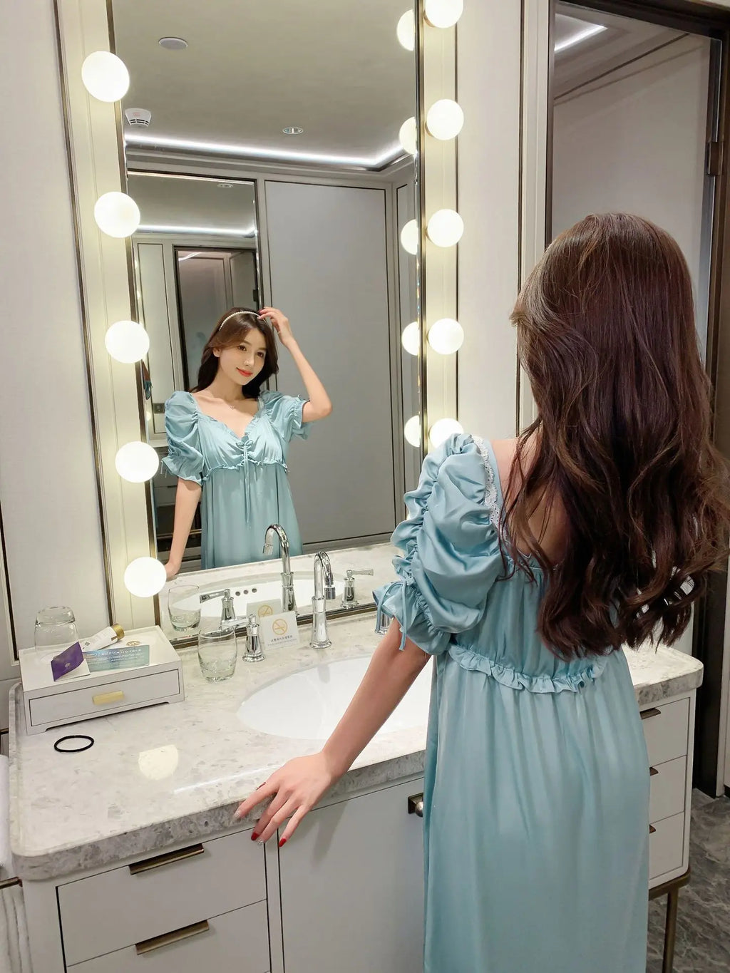 Satin Long Nightgown Women Sweet Lovely French Sleepwear Retro Silk Short Sleeve Sleepshirt Ladies Fashion Nightdress Home Dress