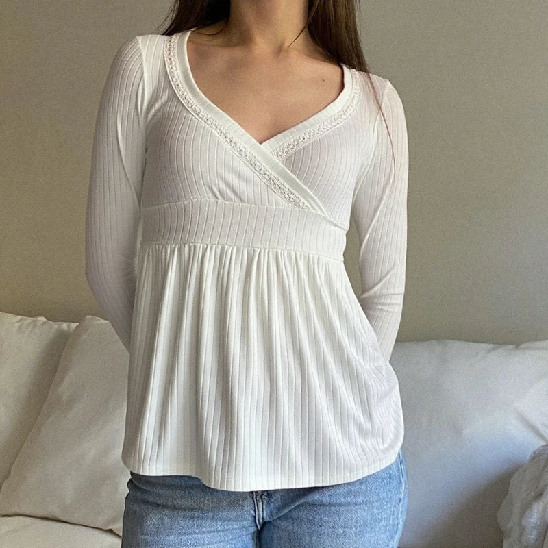Maemukilabe Women's V-Neck Long Sleeve T-Shirt - Vintage Y2k Style