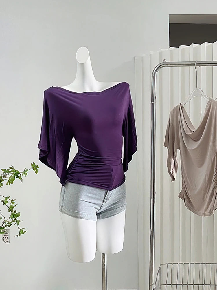 Sexy Summer Off Shoulder T shirt Women Elegant Batwing Short sleeve Cowl Neck Tops Korean Chic Tight Tshirt Lady Tees 2025 New