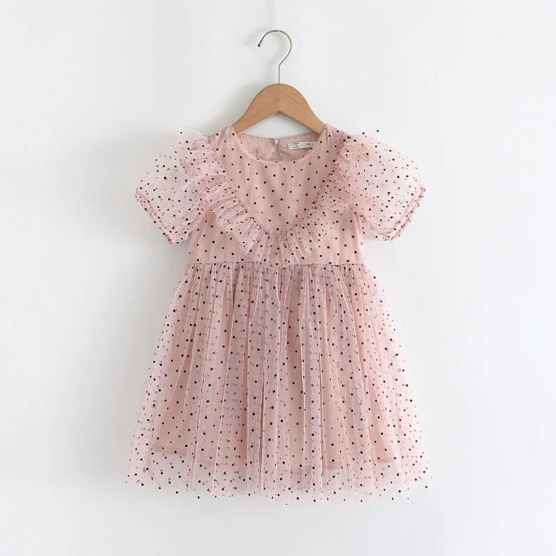 Girls' Style Summer New Dress with Polka Dot Mesh Korean Lace Children's Fashion Beautiful Long Skirt