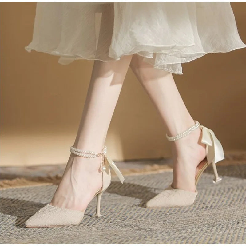 Fashionable high-heeled women's 2025 summer new pearl open-back evening dress stiletto style fairy-tale elegant single shoes