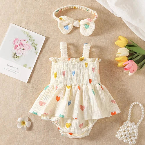 Baby Girl Sleeveless Romper and Hat Set - Cotton Print, 0-24M