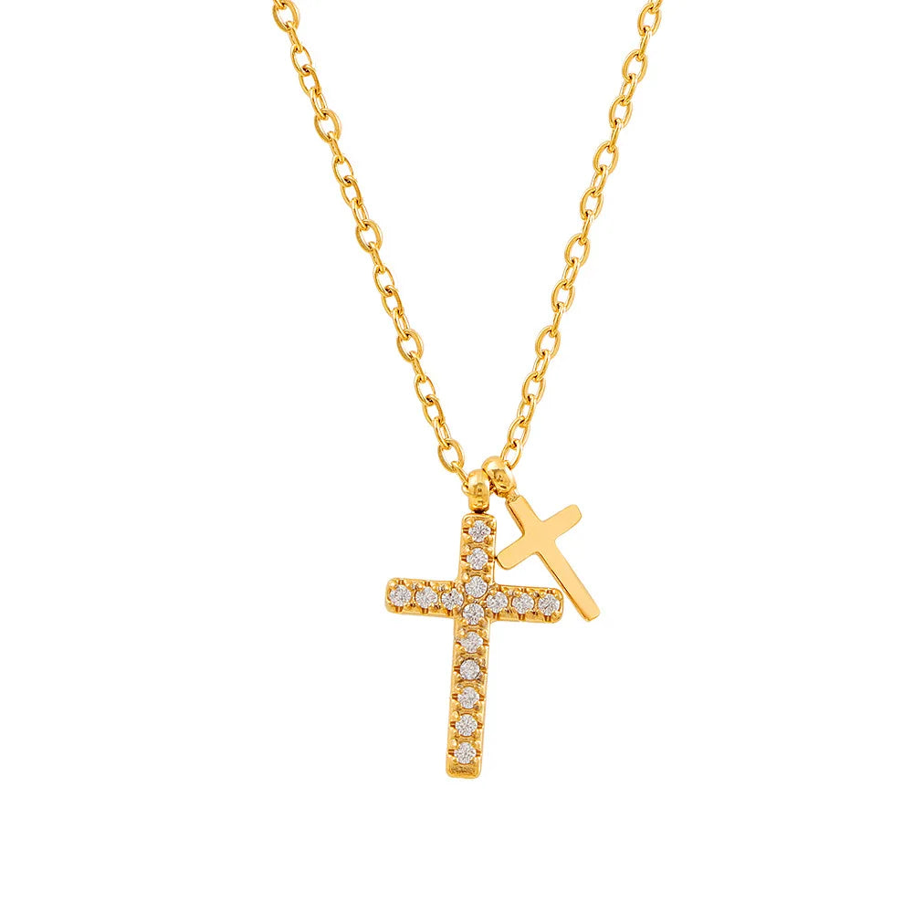 Stainless Steel Pave Cz Double Cross Pendant Chain Necklace For Women'S Girl