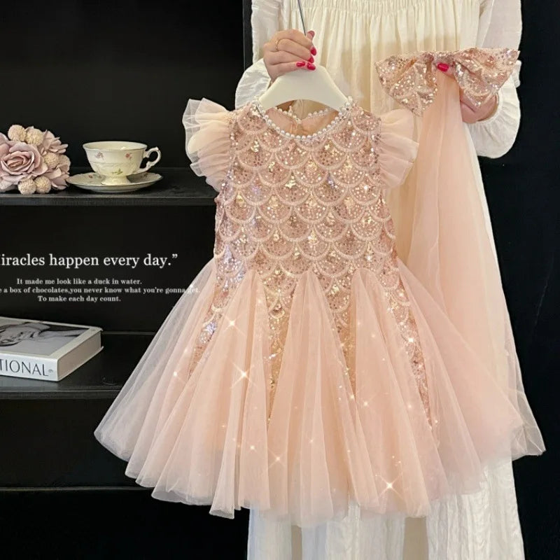 2026 New Summer Party Dresses for Girls Children's Elegant Fashion Mesh Flying Sleeves Sequined Tank Top Princess Skirt S3069