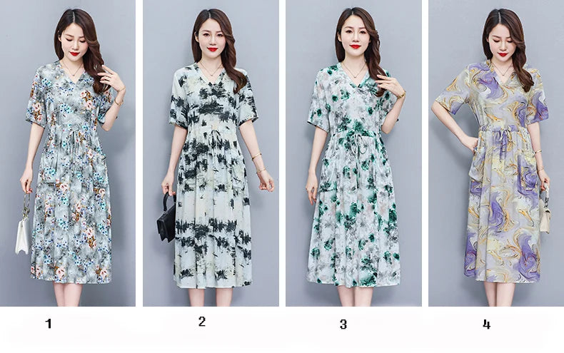 New Fashion 2025 Summer dresses For Women V-Neck Plus Size Woman Cothing Loose Short Sleeve Women Print Dresses