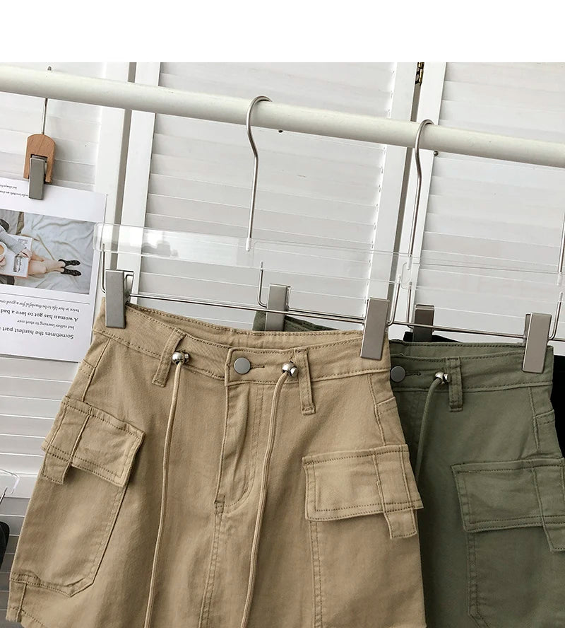 Retro High Waist Denim  Skirt Women's Spring Summer Autumn Casual Drawstring Anti-Light Short Skirt Polyester Fiber