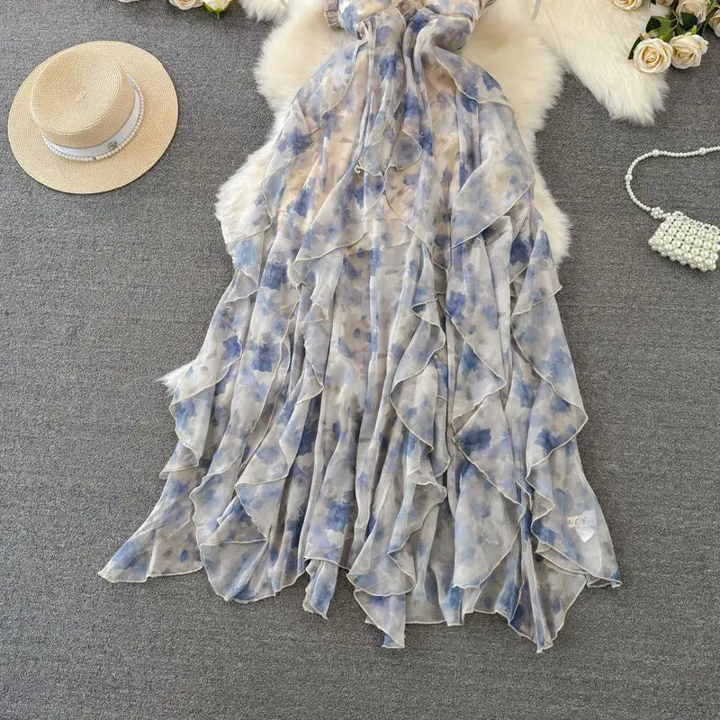 Fashionable Beach Vacation Strapless Backless Slimming Print Chiffon Dress with Ruffle Hem Gradient Coloring Knitted Fabric
