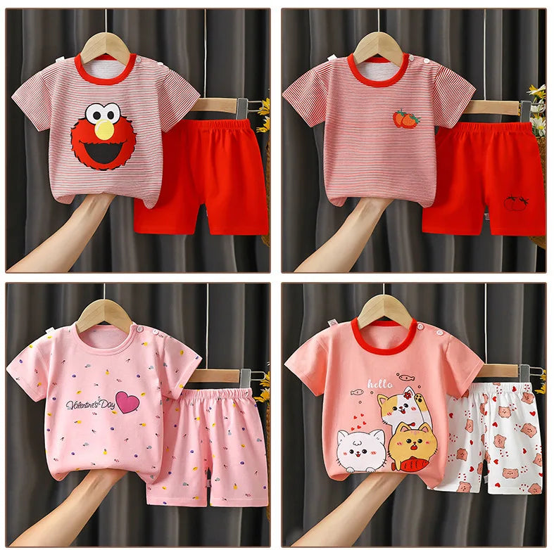 Unisex Children's Cotton Summer Outfit Set - Cartoon Animal Print