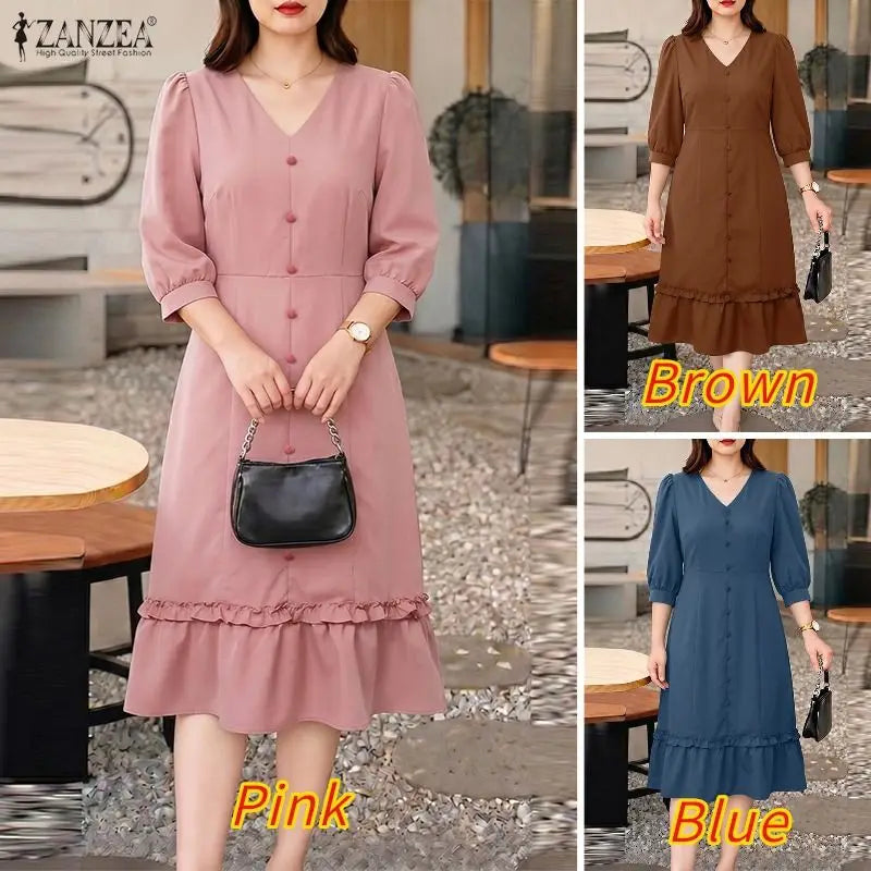 ZANZEA Women Elegant A-Line Midi Dress V-Neck 3/4 Puff Sleeve Cinched Waist Ruffled Hem Dresses Summer Casual Commute Robe Femme