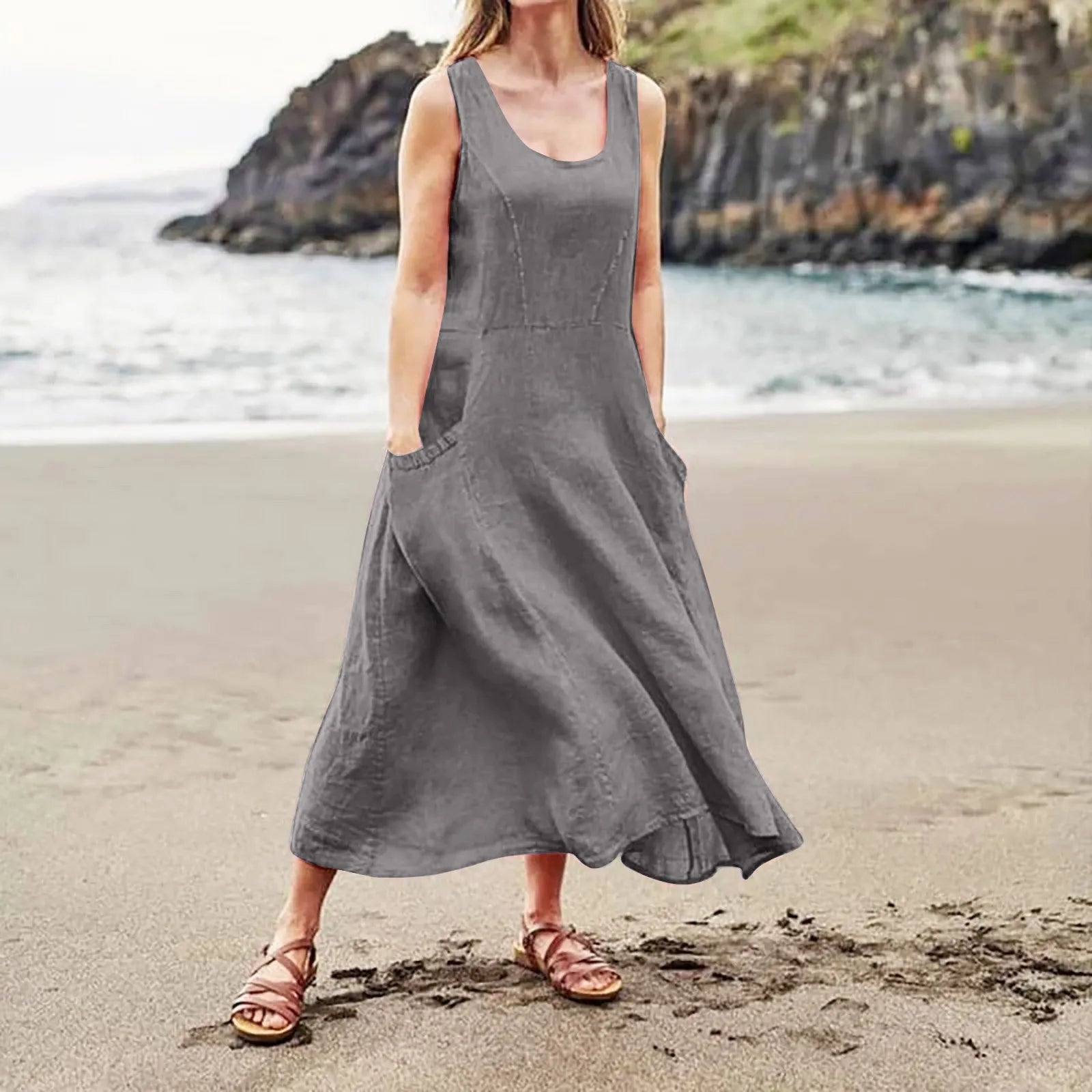 Women Cotton linen dress Fashion Simple beach dresses Solid Color Sleeveless Long skirt With pocket vestidos veranos moda 2024
