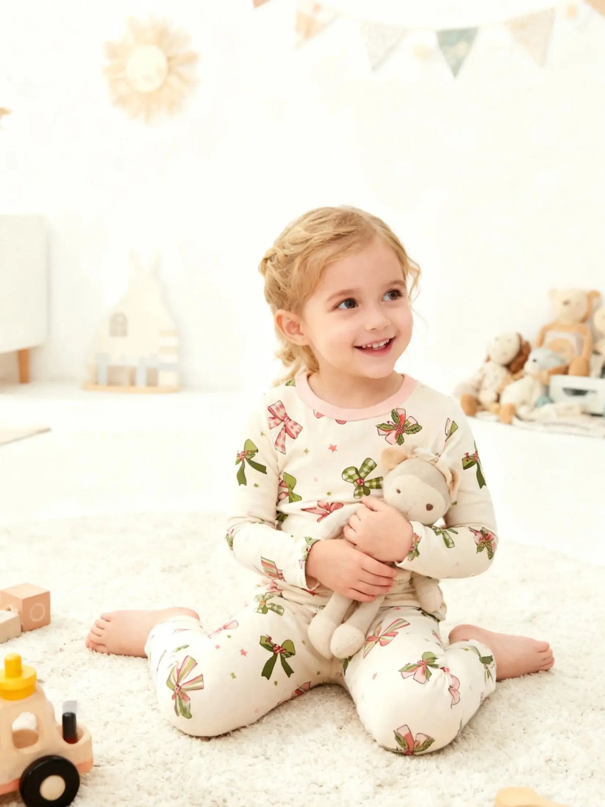 Kids Pajama Set 100% Cotton Soft Star and Bow Full Print Loungewear Long Sleeve Pjs Nightwear for Toddler Girls Age 1-8 Years