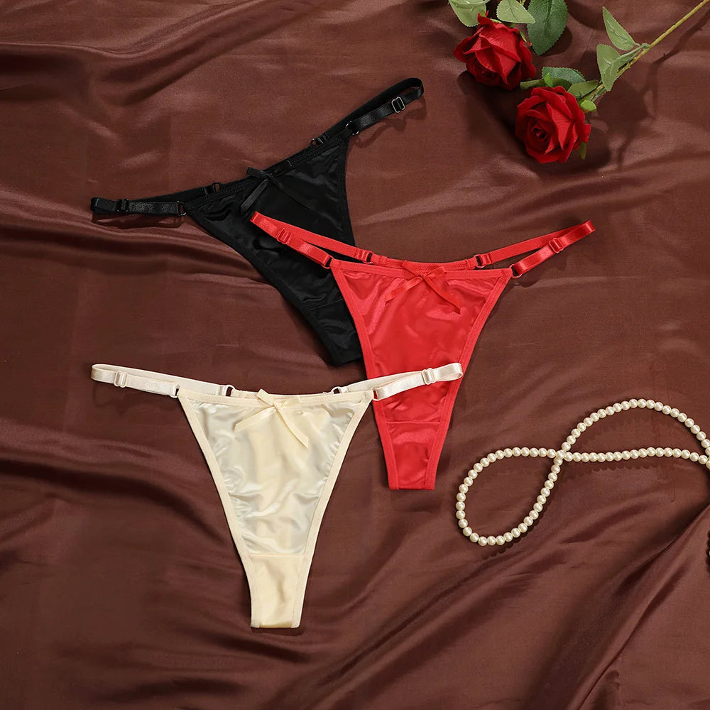 Sexy Satin Adjustable Girls G-Strings Pants Comfort Low Rise Bow Briefs Underwear Seamless Thong for Women Женские Трусы