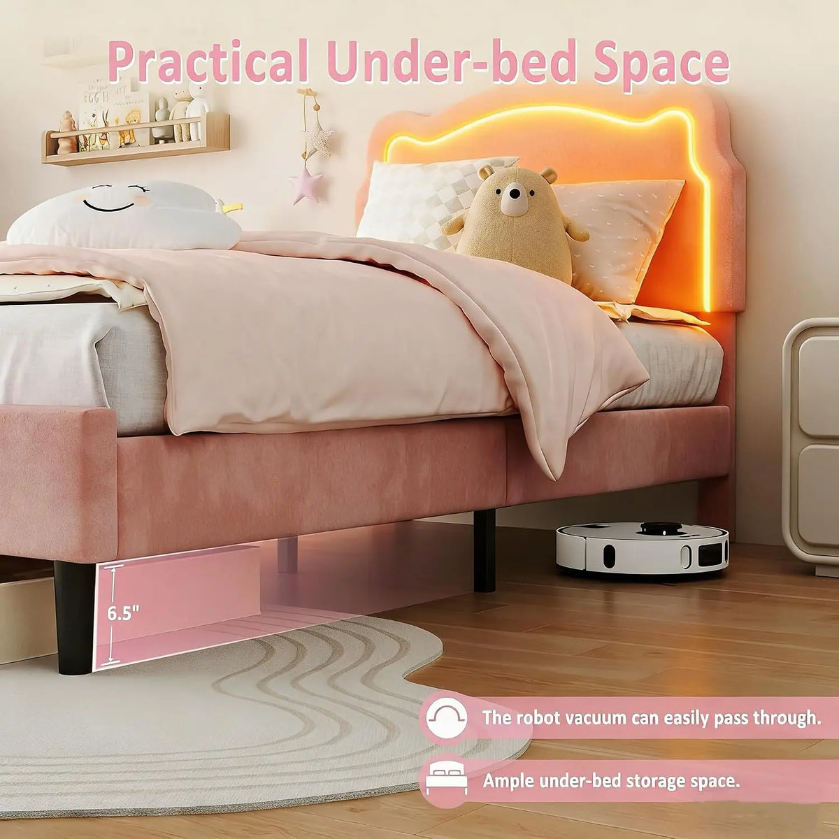 Velvet Upholstered Princess Bed Frame RGB LED Smart Light Adjustable Bear Headboard Wooden Slat Support Twin Pink Kids