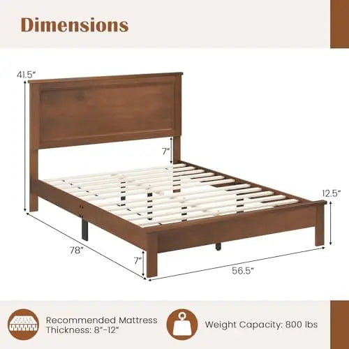 Full Size Wood Bed Frame, Mid-Century Modern Platform Bed with Headboard, Solid Wood Legs, Mattress Foundation with 12
