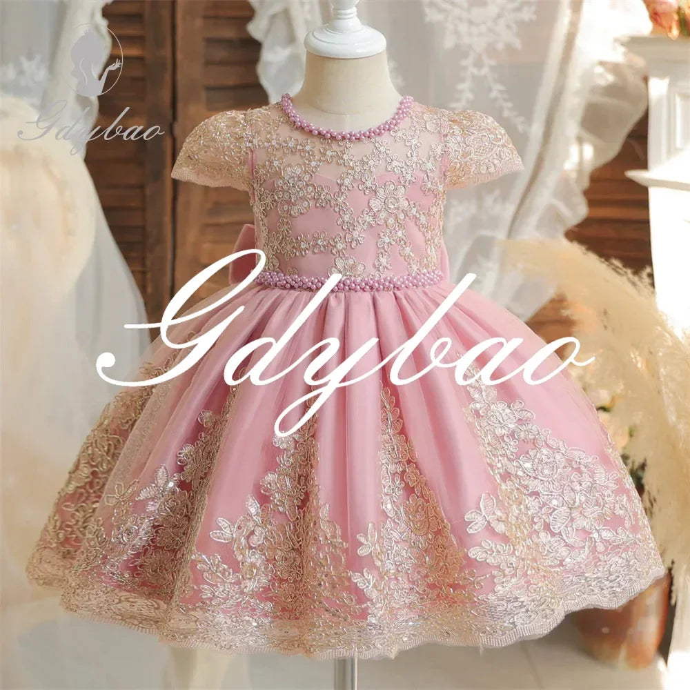 Beading Luxury Short Sleeve Lace Appliques A Line Formal Communion Girl Dress Bow Floor Length Princess Flower Girl Gown New