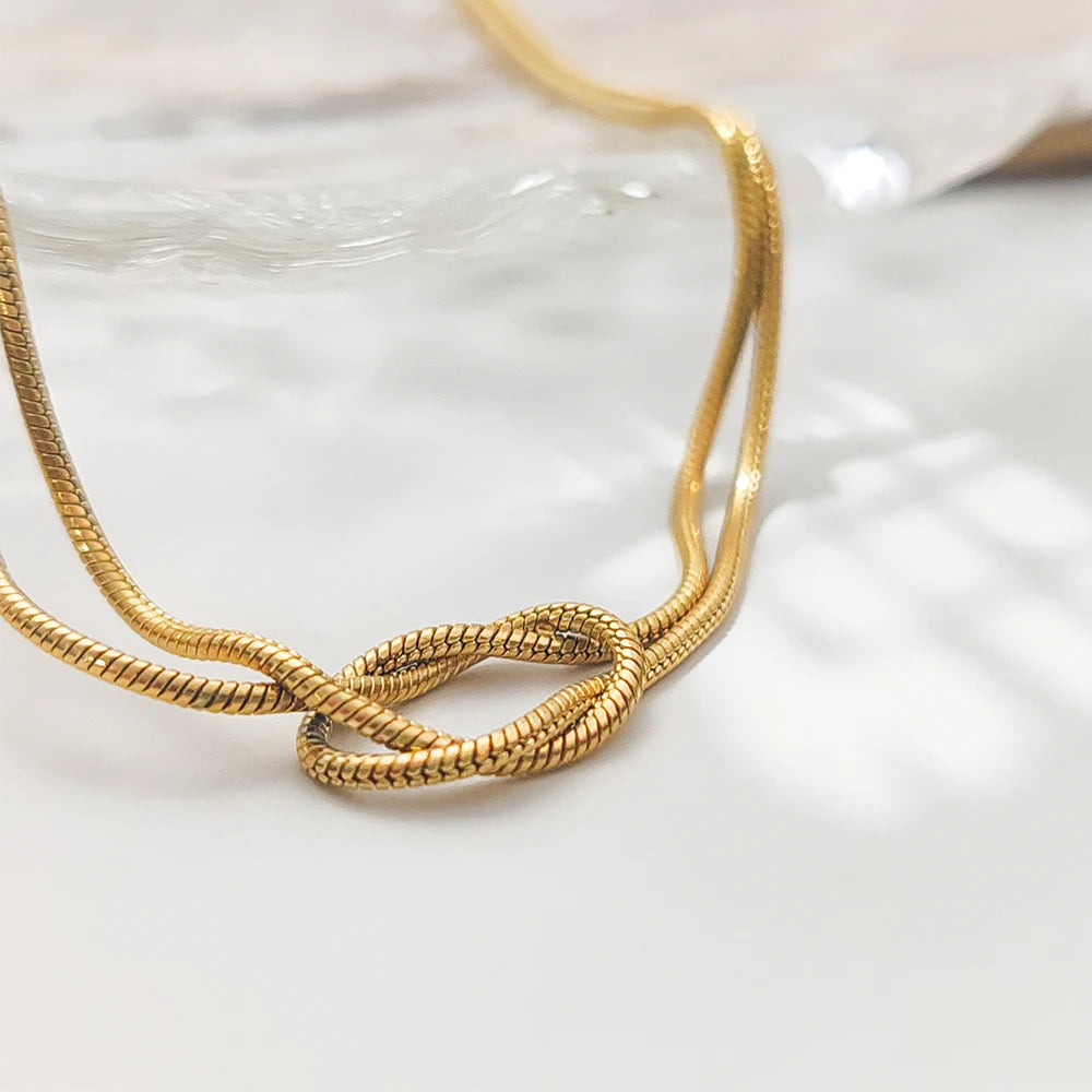 Emanco Elegant Minimalist Jewelry Lusterless 14K Gold Plated Knotted Snake Chain Necklace Women'S'S Stainless Steel Accessories