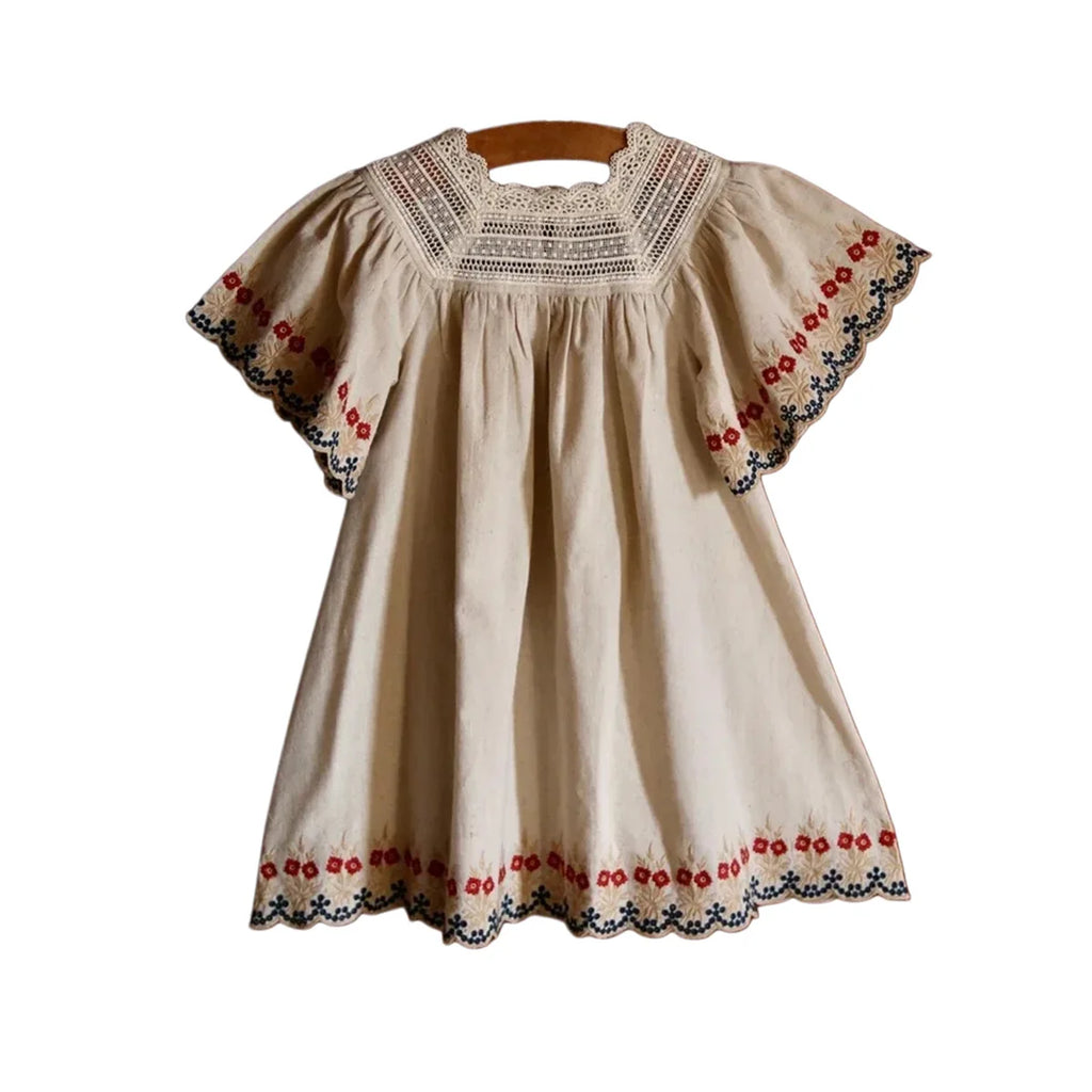 Children's Dress 2026 Summer New Product BD Girls Pastoral Embroidery Wrap Bubble Sleeve Shirt Skirt Princess Dress