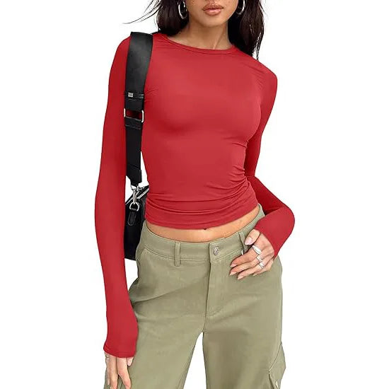 1pcs Woman Clothing Long Sleeve T-shirt Slim Fit Top Female O-Neck Knitted Sheath Tee Shirt Street Wear Sexy Sport Solid Tshirt
