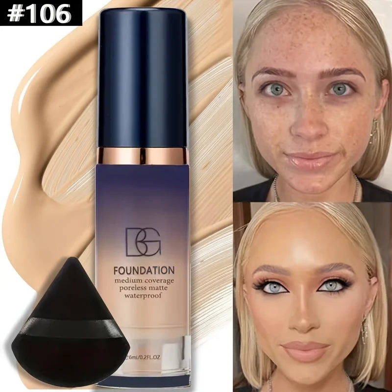 Set de maquillaje con base todo en uno de 2 piezas con borla triangular negra, cobertura impecable para principiantes