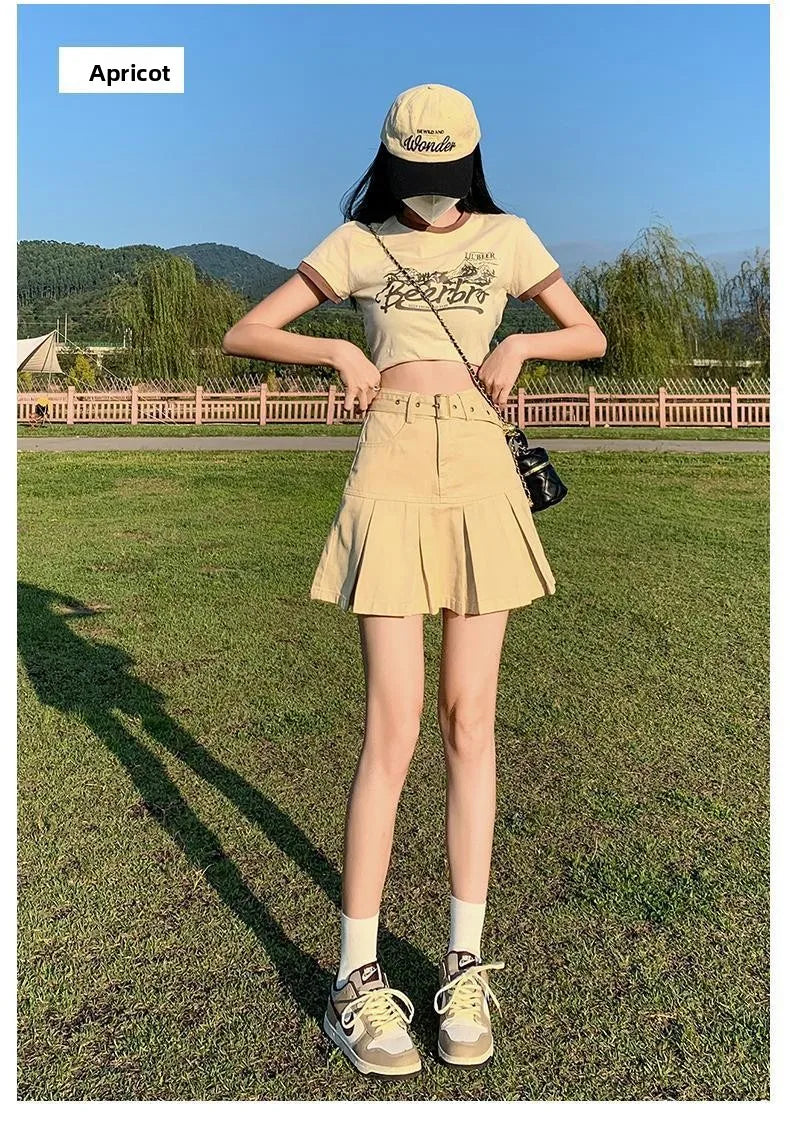 Retro American Blue Hot Girl Pleated Denim  Skirt Women's Summer New Pure Desire A-Line High Waist Short Skirt