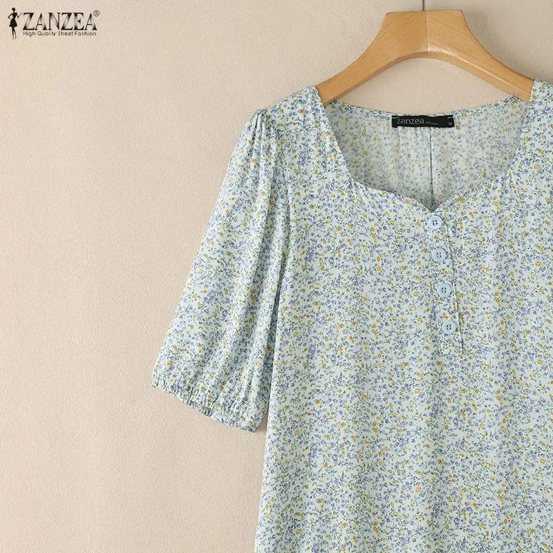 ZANZEA Women's Floral Printed Midi Dress Square Neck Half Puff Sleeve A-Line Dresses Summer Pullover Ruffled Hem Robes Femme
