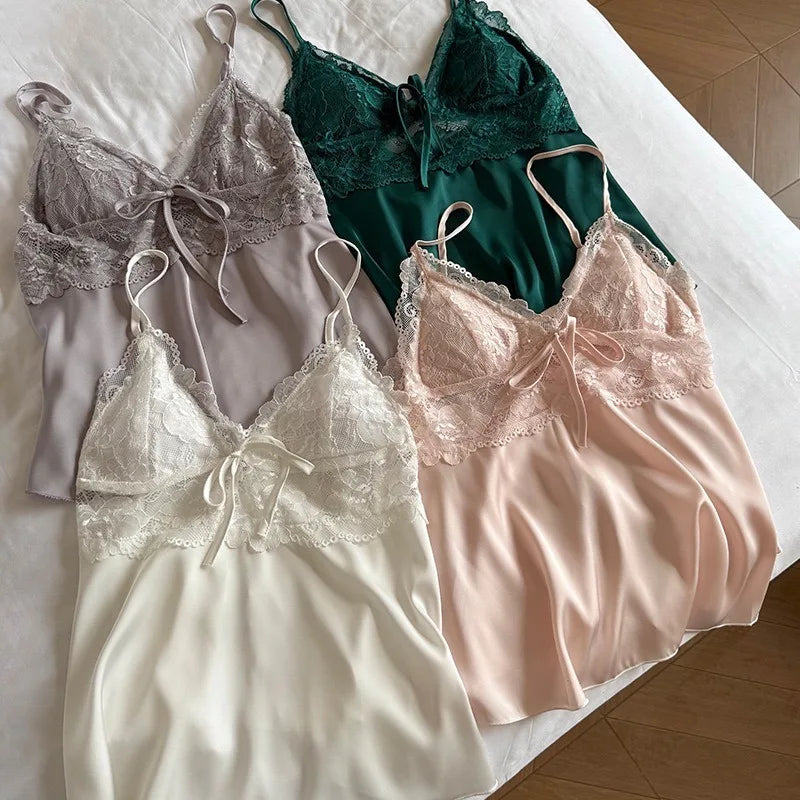 Elegant Lace Sexy Pajamas Women Summer Nightwear With Built In Chest Pad Sexy V Neck 2Pcs Camisole Shorts Homewear Loungewear