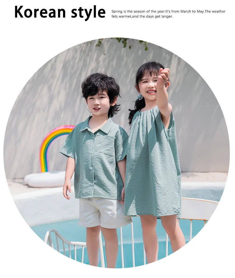 Vacation Family Matching Couple Outfit Dad Son Beach Shirts Mom Daughter Loose Dress Korean Parent-child Sister Brother Clothes