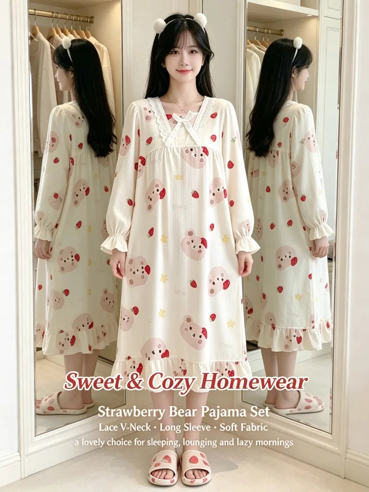Kawaii Bear Strawberry Print Women Pajamas, Long Sleeve Lace Neck Loose Sleep Set, Casual Daily Home Loungewea