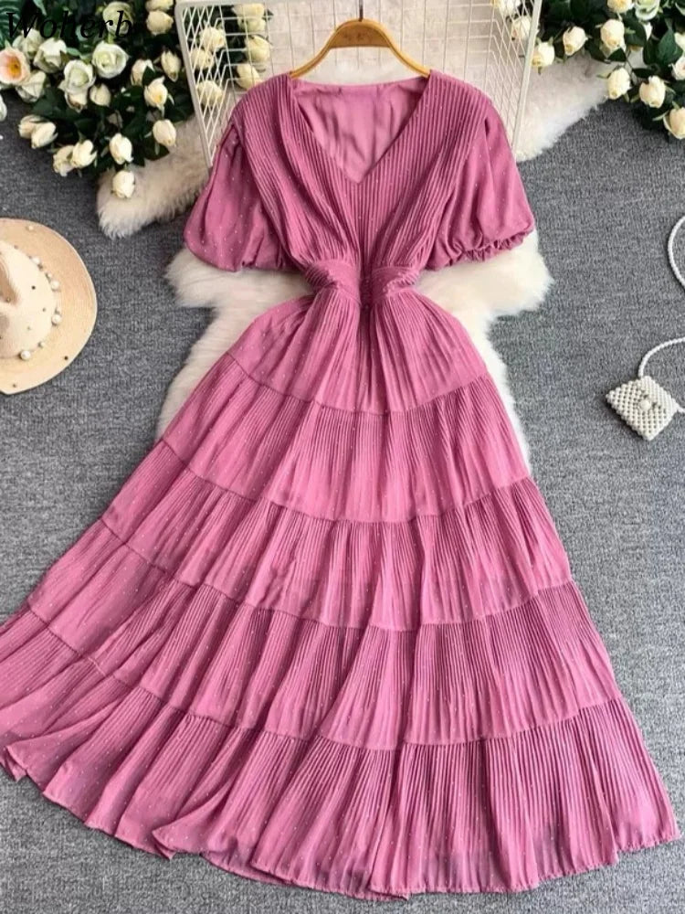 Summer Polka Dot Woman Elegant Dress Fashion V Neck Puff Sleeve Vestidos Korean A-Line Pleated Dresses 2026 Vestidos De Mujer