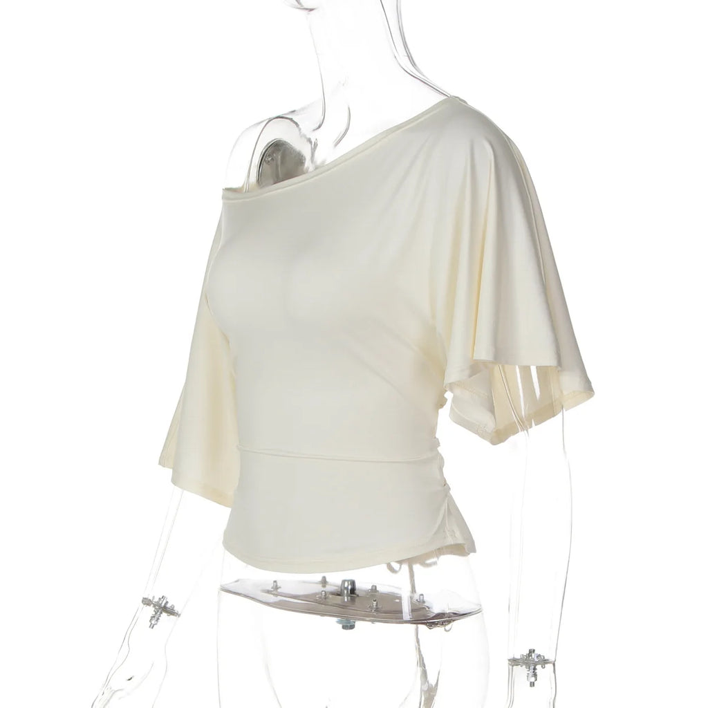 Casual Skew Collar Solid Slim Crop Tops Women Sexy Lace Up Short Sleeve T-shirt Autumn Female Streetwear Clothes Party Office